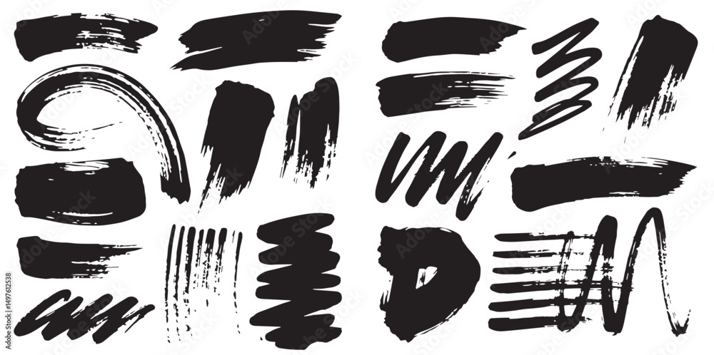 A vector dynamic collection of black ink brushstrokes, featuring various textures and forms, ideal for artistic and design applications. A vector dynamic collection of black ink brushstrokes, featuring various textures and forms, ideal for artistic and design applications.