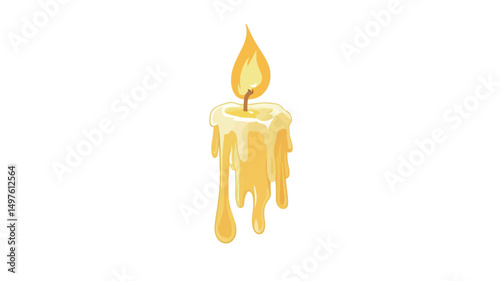 Close-up shot of a single, yellow candle with a bright flame. The wax is significantly melted and drips down the sides of the candle, creating a textured, uneven surface. The candle is brightly lit.