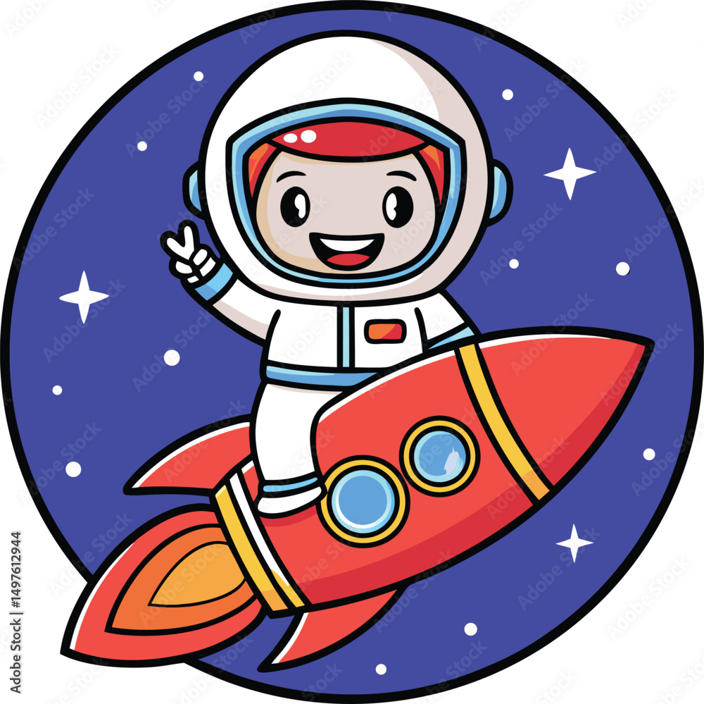 Naklejka premium Cartoon astronaut waving while riding a red rocket in space with stars on a blue circular background