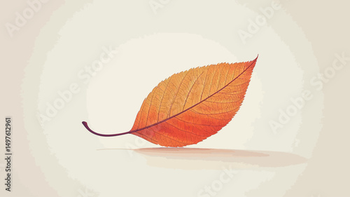 A single, vibrant orange leaf sits centered against a soft, muted background, casting a gentle shadow.
