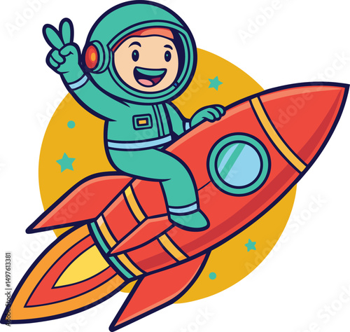 A cartoon astronaut with a teal spacesuit riding a red rocket ship with a yellow circle backdrop stars