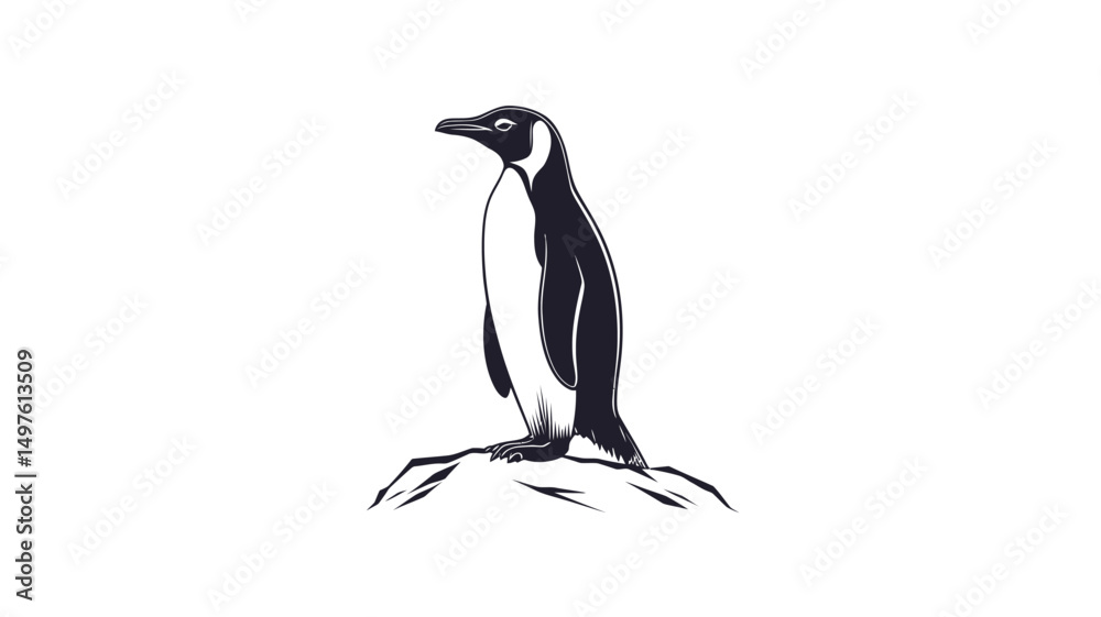 Naklejka premium The image presents a stylized illustration of a penguin, rendered in monochrome with a high contrast between black and white. The penguin is depicted in a standing pose on a small, subtly textured.