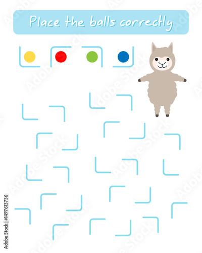 Help alpaca place balls correctly. Lesson for children education and activities. Age 5-7.
