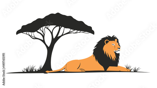 The image is a stylized vector illustration featuring a male African lion lying down in a relaxed posture under a silhouetted acacia tree. The lion is depicted in a simplified, almost cartoon-like.