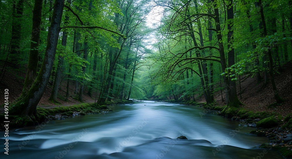 Obraz premium Lush green forest with smooth flowing river creating a serene and tranquil natural landscape
