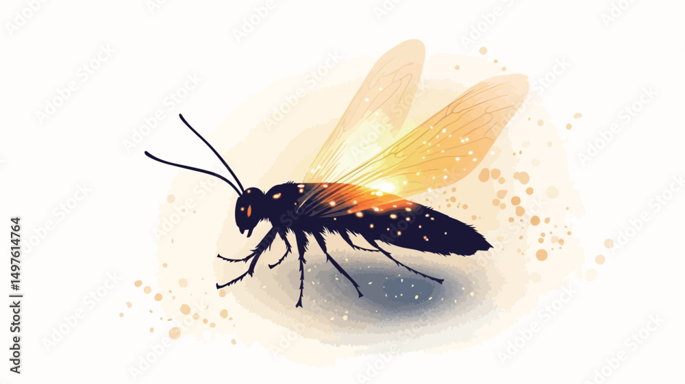 Obraz premium The image presents a stylized silhouette of a wasp against a white background. The wasp is rendered in dark tones, exhibiting a high contrast against the bright background. The wings are depicted...