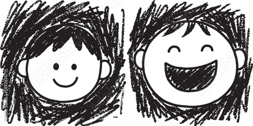 Two simple black and white vector  drawings of cartoon faces. One face has a small smile, the other is laughing with an open mouth.