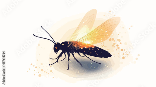 The image presents a stylized silhouette of a wasp against a white background. The wasp is rendered in dark tones, exhibiting a high contrast against the bright background. The wings are depicted...