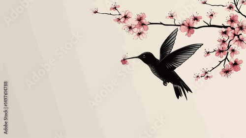 A stylized digital painting or illustration features a black silhouette of a hummingbird in flight, its beak delicately touching a pink cherry blossom. The hummingbird is rendered with a high...
