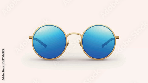 A close-up studio shot depicts a pair of round sunglasses with a gold-colored metal frame and vibrant blue mirrored lenses. The lenses exhibit a subtle gradient, showing a slightly darker hue at.