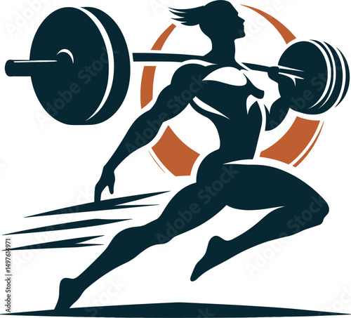 Silhouette of a strong athlete running with a barbell symbolizing fitness dedication and the power of exercise in a gym setting.