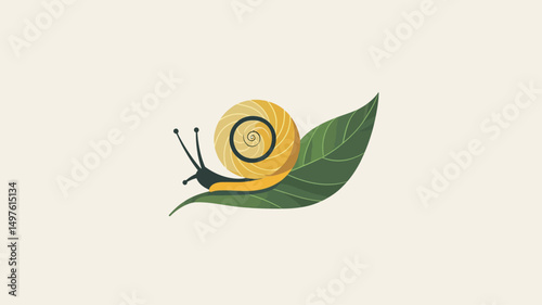 The image is a digital illustration of a stylized yellow snail on a green leaf against an off-white background. The snail is depicted in a simplified, almost cartoonish manner.