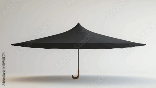 The image presents a meticulously rendered 3D model of a large black parasol umbrella against a stark white background. The umbrella is centrally positioned.