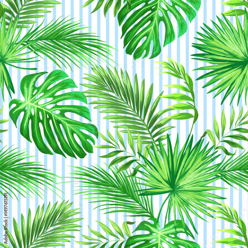 Green tropical palm leaves seamless vector pattern on the black background. Trendy summer print.	
