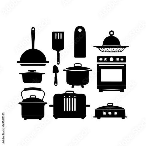 vector icon set of kitchen appliances in black silhouette