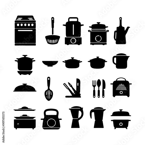 vector icon set of kitchen appliances in black silhouette