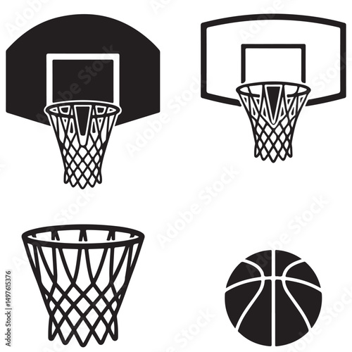 Basketball hoop, basketball and goal,  net, ring icon silhouettes set