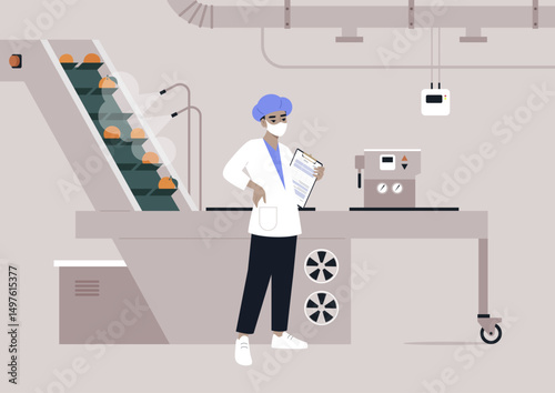 Food processing of oranges taking place in a modern facility with a worker overseeing quality and operations during a busy production day