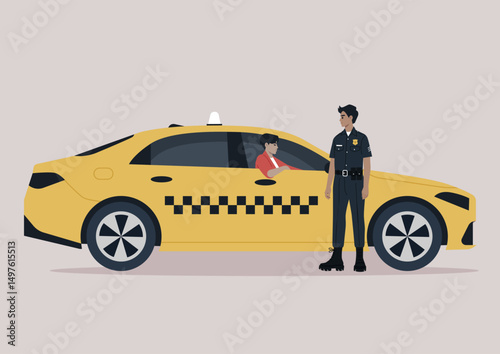 A police officer interacts with a driver at the side of a sedan vehicle, The setting captures a typical day where public safety and communication play essential roles in maintaining order and trust