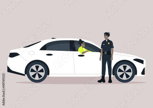 A police officer interacts with a driver at the side of a sedan vehicle, The setting captures a typical day where public safety and communication play essential roles in maintaining order and trust