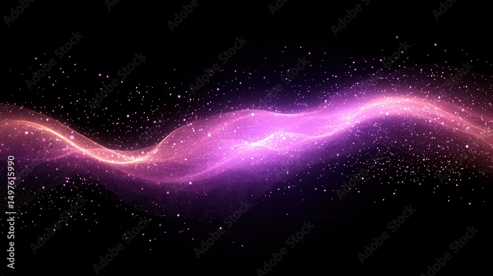 Fototapeta premium Abstract purple wave with sparkling particles on a black background. It's perfect for technology, science, or ethereal fantasy concepts.