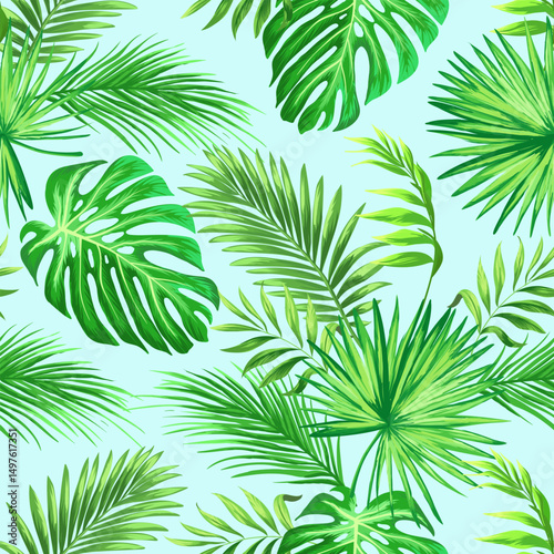 Green tropical palm leaves seamless vector pattern on the black background. Trendy summer print.	
