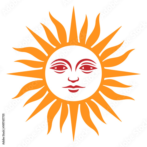 Sun illustration with face and radiant sunbeams in vibrant orange and white colors against a plain background