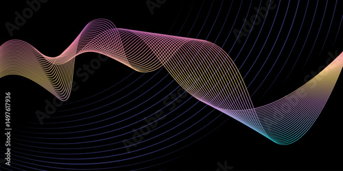 Abstract horizontal background with gradient wave lines. Minimalistic back creating dynamic visual effect. Trendy volumetric 3d stripes design on dark background. Features vector backdrop.