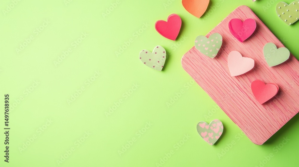 Fototapeta premium Colorful Hearts on Green Background.