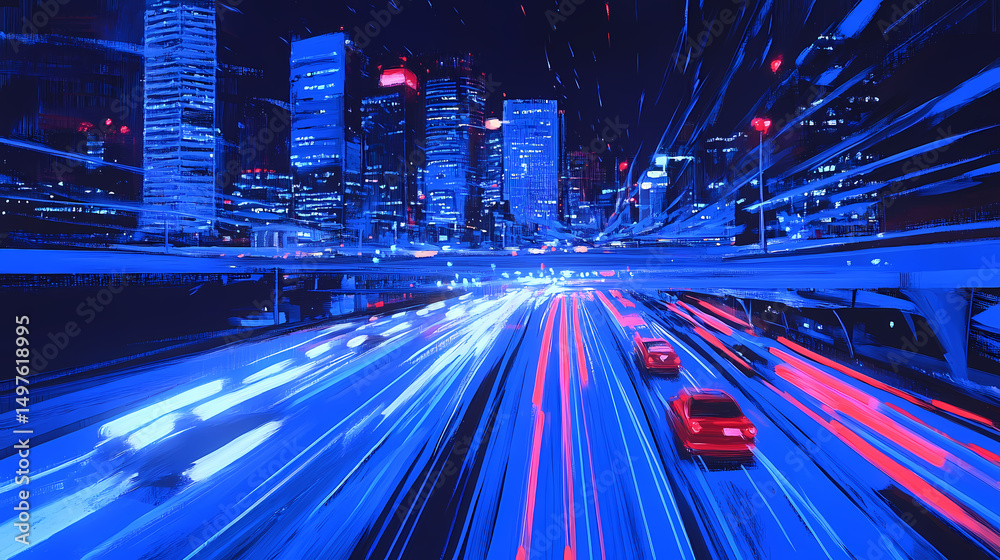 Obraz premium Night City Lights and Fast Traffic