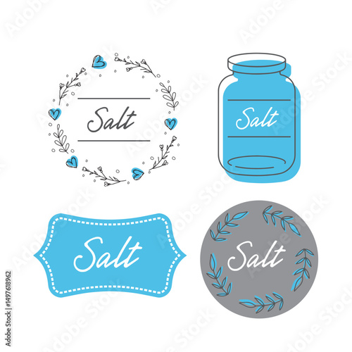Salt shaker, label, seasoning icon in flat design. Salt storage.