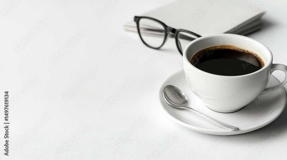 A white cup of coffee with a saucer and a pair of glasses on a white table. A white cup of coffee with a saucer and a pair of glasses on a white table.