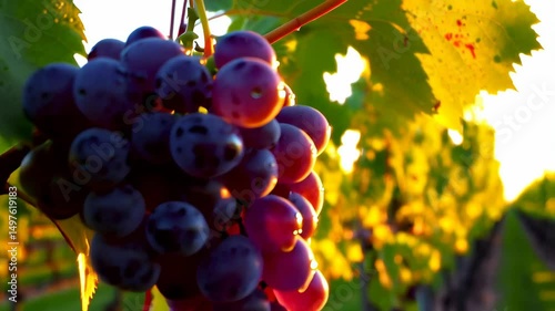 Ripe grapes hang from vines in orchard during golden hour light, showcasing viticulture and agricultural beauty.