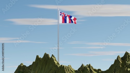 3D rendering of the Hawaii state flag, featuring the Union Jack and red, white, and blue stripes, elegantly waving atop a snow-covered mountain peak, symbolizing island heritage and unity.


