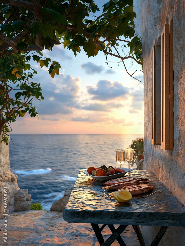 Obraz premium Beautiful view of the ocean at sunset. the sky is a mix of orange and pink hues, with the sun setting over the horizon and casting a warm glow over the water.