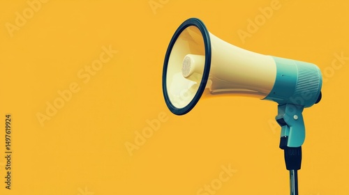 A blue and white megaphone with a yellow background