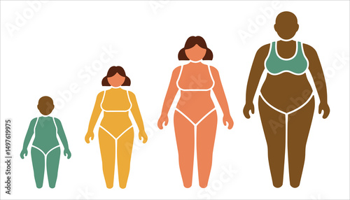 Female Body Size Stages. Weight Gain Progression Vector Illustration. photo