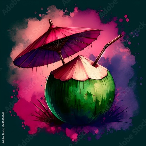 tropical green coconut with pink umbrella watercolor illustration