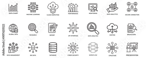 Data analystic thin line icons. For website marketing design, logo, app, template, ui, etc. Vector illustration.