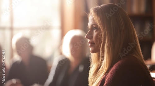 Woman in profile, thoughtful expression, indoor setting.