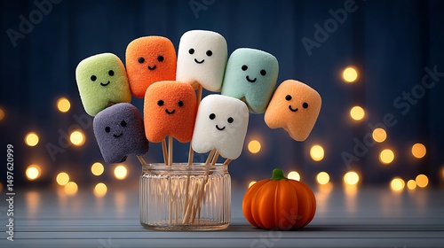 Spooky Halloween Marshmallow Pops in Pumpkin and Ghost Shapes with Festive Jar Display