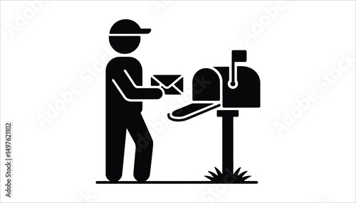 Postman Delivering Mail to Mailbox Icon Vector.