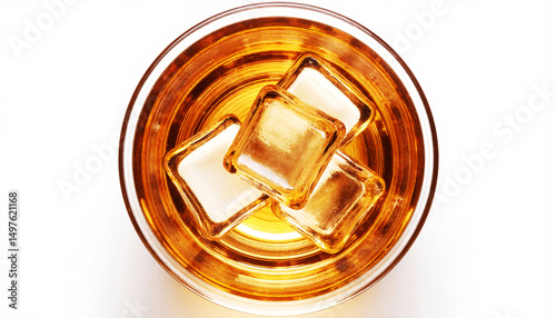 A glass filled with amber-colored whiskey and three crystal clear ice cubes, on a pure white background