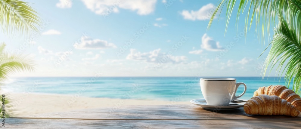 Obraz premium Serene Ocean View with Coffee Cup and Croissant on Wooden Table