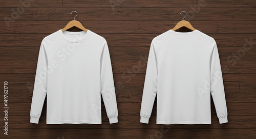 Long Sleeve T-Shirt: Front and back view of a simple, long-sleeved shirt, artfully suspended against a natural wooden backdrop.