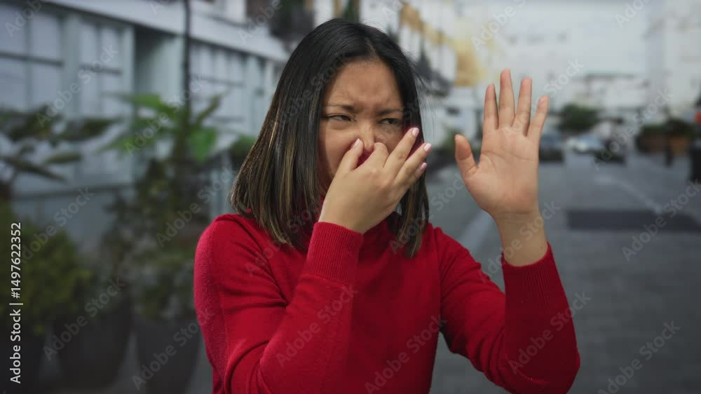 Young woman in red sweater reacting to unpleasant smell outdoors on a city street, with potted plants in the background, showcasing natural expressions and authentic urban atmosphere. Young woman in red sweater reacting to unpleasant smell outdoors on a city street, with potted plants in the background, showcasing natural expressions and authentic urban atmosphere.