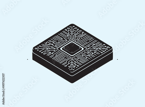 High-Tech Microchip Emblem in Flat Black Silhouette
