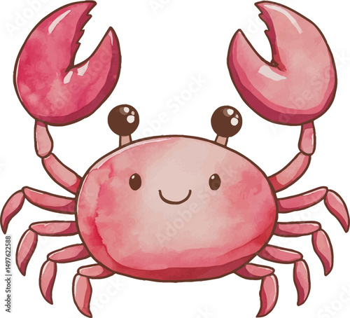 Cute cartoon red crab with a happy smile and simple, rounded design. Perfect for children’s themes, beach graphics, or summer merchandise. photo