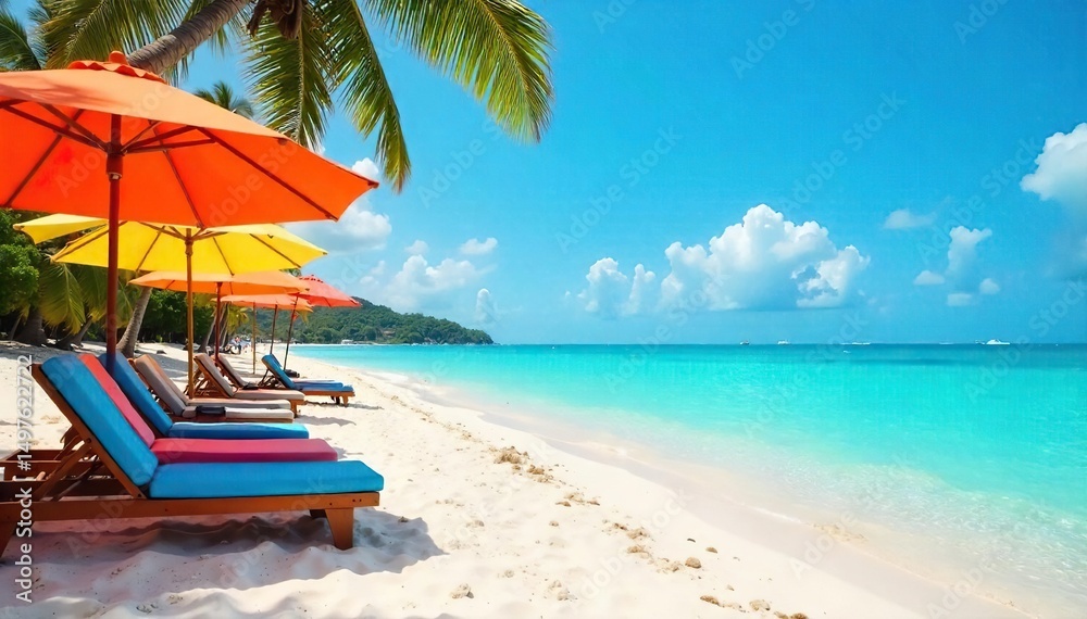 Obraz premium A vibrant beach scene with colorful beach umbrellas, lounge chairs, and bright turquoise water, perfect for summer vacation imagery , foam, joy, tropical