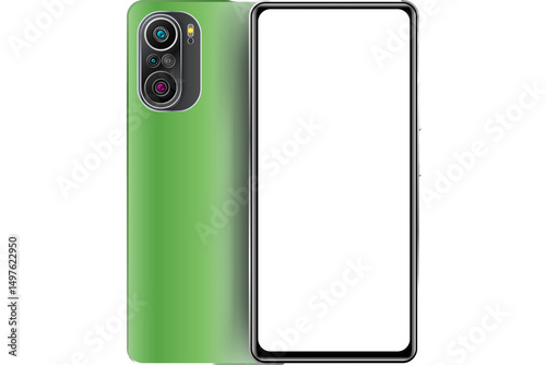A green smartphone with a blank white screen and a triple lens camera on the back panel view